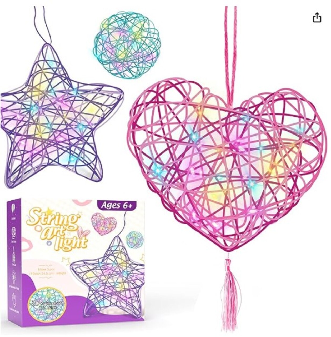 3D String Art Kit for Kids, Christmas Birthday Gifts. Heart Star Round Lantern Toys 20 Multicolored LED Bulbs.